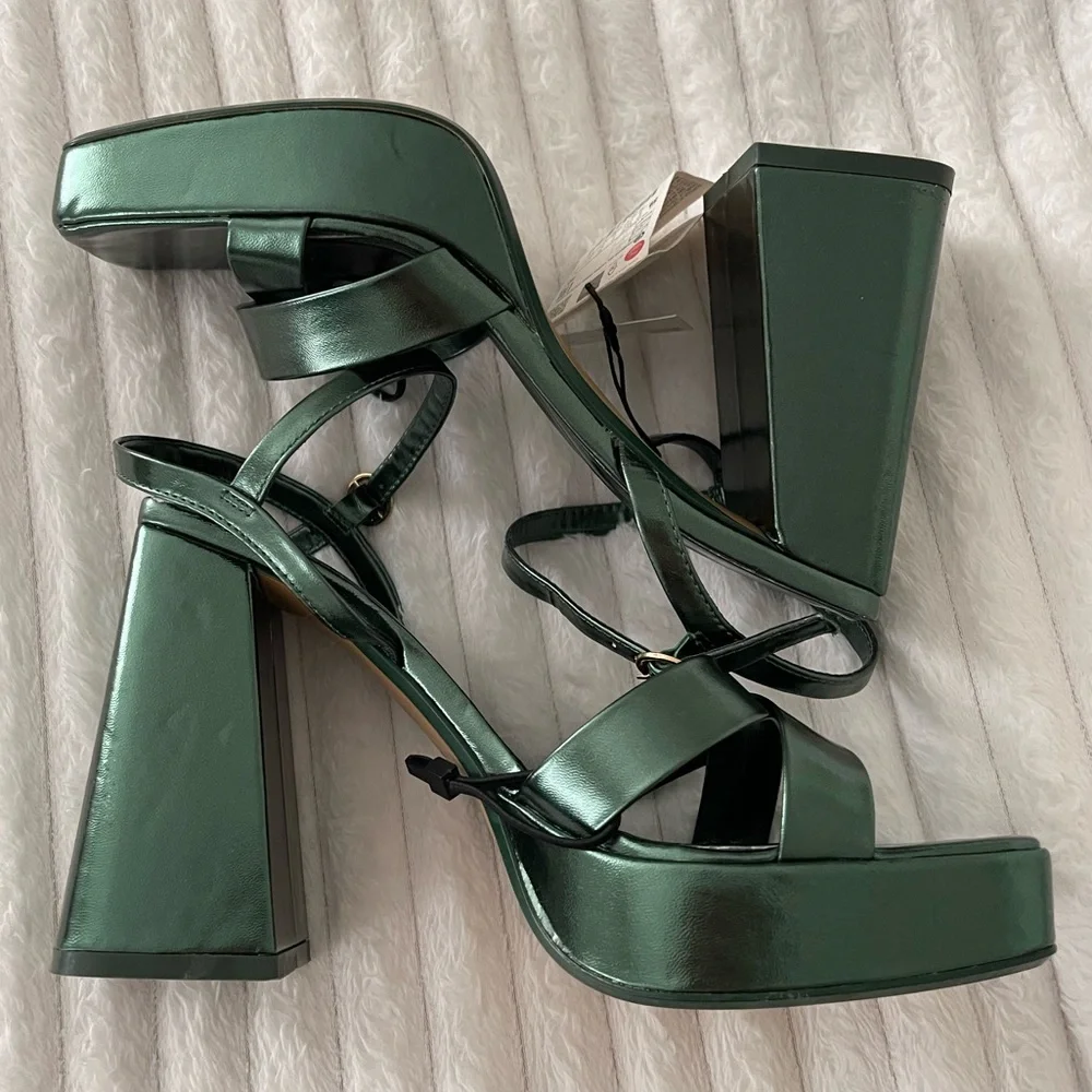 Zara Emerald Green Ankle Strap Platform Sandals - Picture 8 of 11